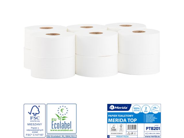 Papier toaletowy MERIDA TOP, biały,  średnica 19 cm, długość 180 m, dwuwarstwowy, zgrzewka 12 szt., ECOLABEL